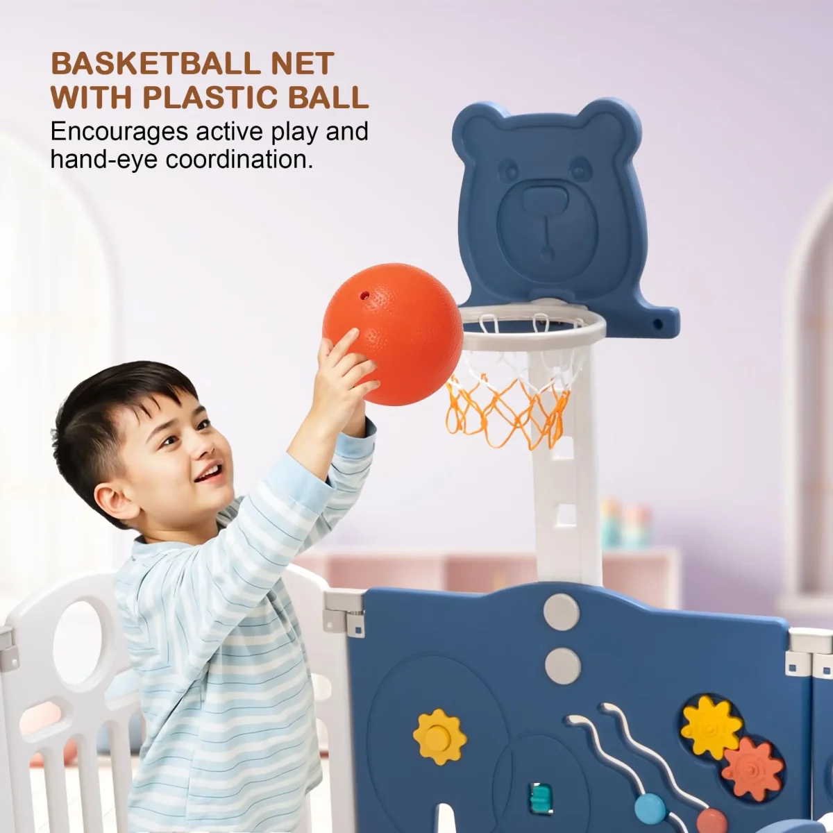 Baybee 2-in-1 Foldable Kids Playpen (16 Panel) with Basketball Set & Sensory Toys Baby Play Yard with Safety Lock for 0-5 Years - Image 6