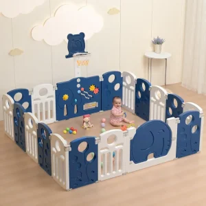 Baybee 2-in-1 Foldable Kids Playpen (16 Panel) with Basketball Set & Sensory Toys Baby Play Yard with Safety Lock for 0-5 Years