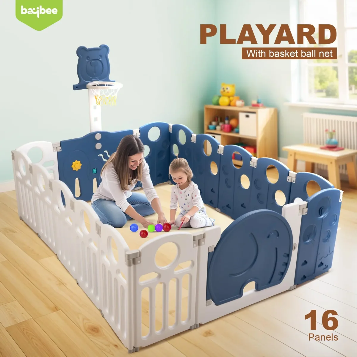 Baybee 2-in-1 Foldable Kids Playpen (16 Panel) with Basketball Set & Sensory Toys Baby Play Yard with Safety Lock for 0-5 Years - Image 3
