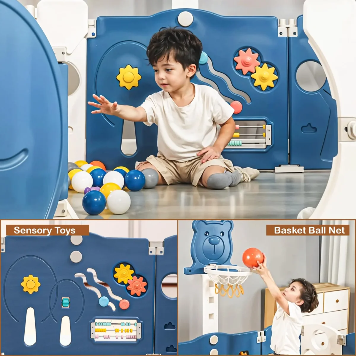 Baybee 2-in-1 Foldable Kids Playpen (16 Panel) with Basketball Set & Sensory Toys Baby Play Yard with Safety Lock for 0-5 Years - Image 5